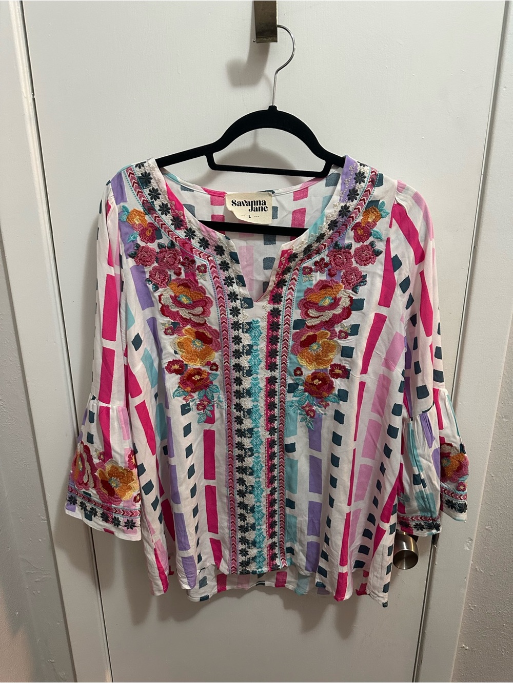 Savanna Jane White Tunic with Pink, Purple & Teal Floral Embroidery